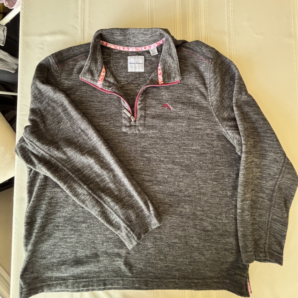 Tommy Bahama Quarter Zip Pullover Gray Pink Floral Trim XL Tall
